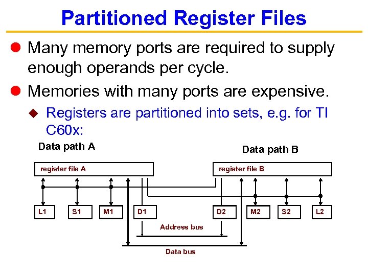 Partitioned Register Files Many memory ports are required to supply enough operands per cycle.