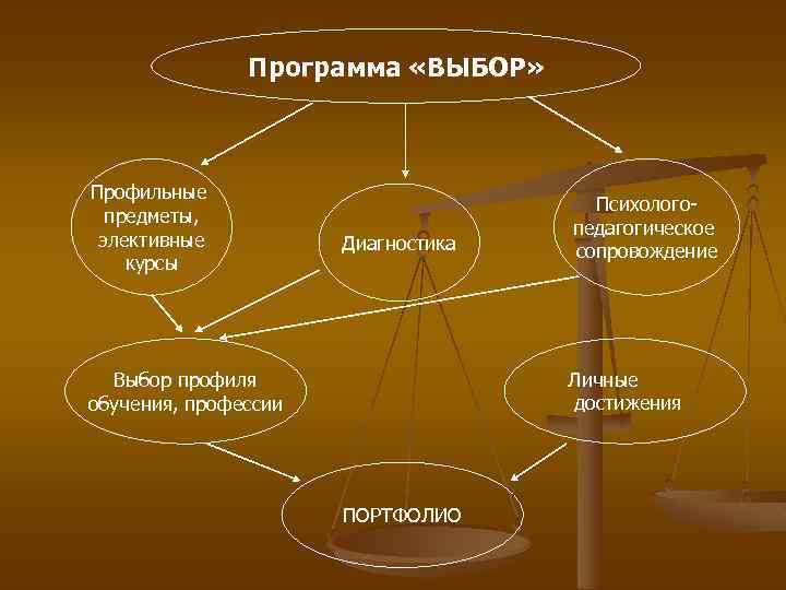 Программа «ВЫБОР» Профильные предметы, элективные курсы Диагностика Психологопедагогическое сопровождение Личные достижения Выбор профиля обучения,