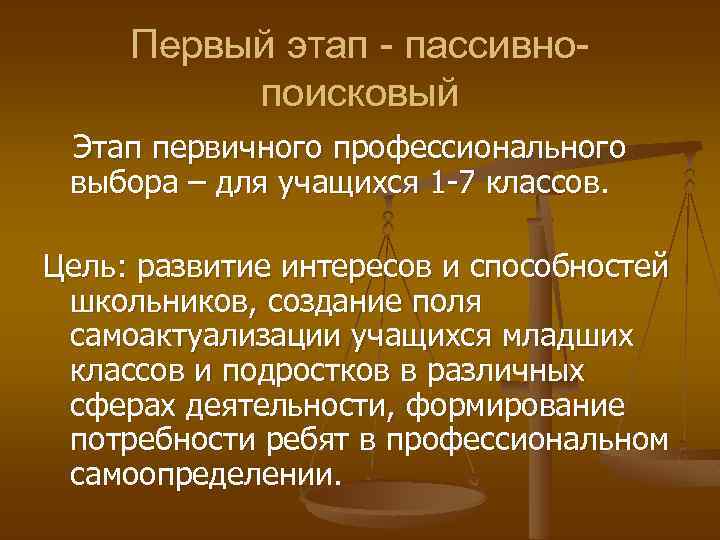 Первый этап - пассивнопоисковый Этап первичного профессионального выбора – для учащихся 1 -7 классов.