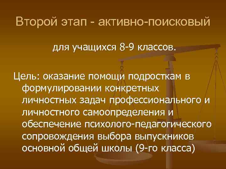 Второй этап - активно-поисковый для учащихся 8 -9 классов. Цель: оказание помощи подросткам в