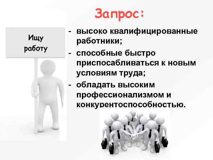 Запрос: - высоко квалифицированные работники; - способные быстро приспосабливаться к новым условиям труда; -