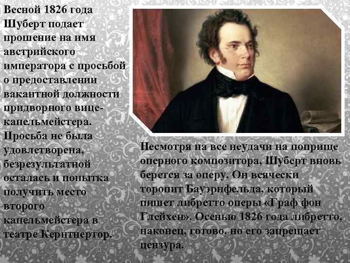 Весной 1826 года Шуберт подает прошение на имя австрийского императора с просьбой о предоставлении
