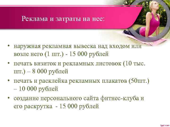 Реклама и затраты на нее: • наружная рекламная вывеска над входом или возле него