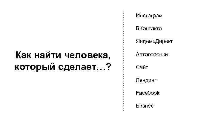 Инстаграм ВКонтакте Яндекс. Директ Как найти человека, который сделает…? Автоворонки Сайт Лендинг Facebook Бизнес