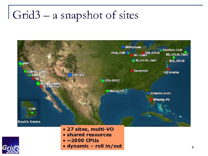 Grid 3 – a snapshot of sites • • 27 sites, multi-VO shared resources