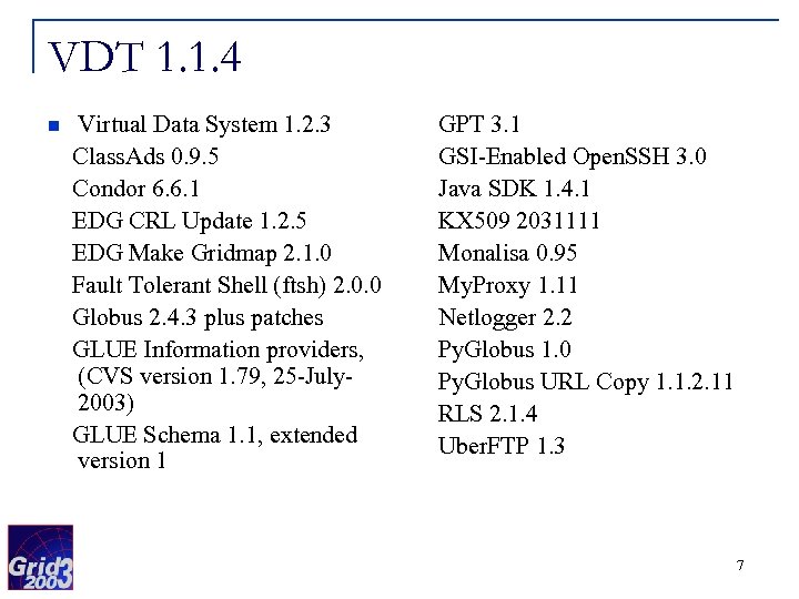 VDT 1. 1. 4 n Virtual Data System 1. 2. 3 Class. Ads 0.