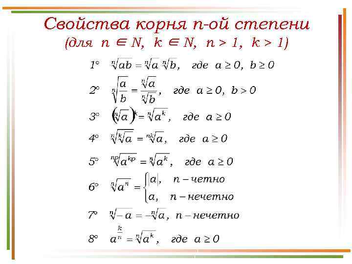 Свойства корня n-ой степени (для n ∈ N, k ∈ N, n > 1,