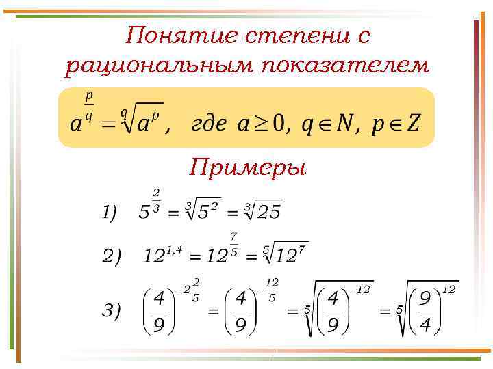 Понятие степени с рациональным показателем Примеры 