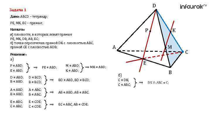 D Задача 1 Дано: ABCD – тетраэдр; PE, MK, EC – прямые; Назвать: а)