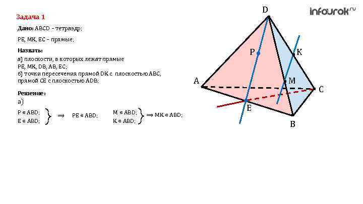 D Задача 1 Дано: ABCD – тетраэдр; PE, MK, EC – прямые; Назвать: а)