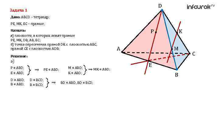D Задача 1 Дано: ABCD – тетраэдр; PE, MK, EC – прямые; Назвать: а)