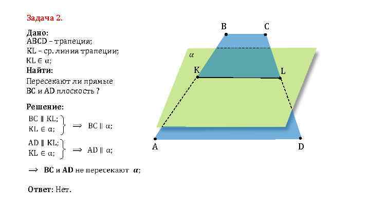 Задача 2. B Дано: ABCD – трапеция; KL – ср. линия трапеции; C K