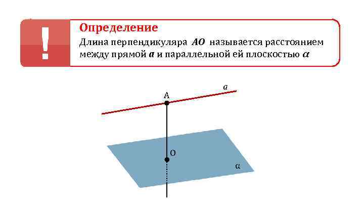 Определение Длина перпендикуляра АО называется расстоянием между прямой а и параллельной ей плоскостью α