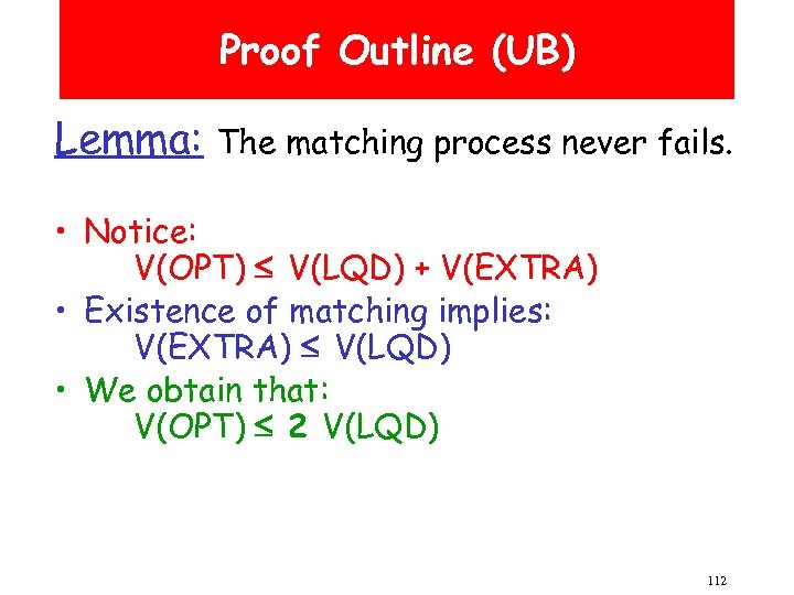 Proof Outline (UB) Lemma: The matching process never fails. • Notice: V(OPT) V(LQD) +