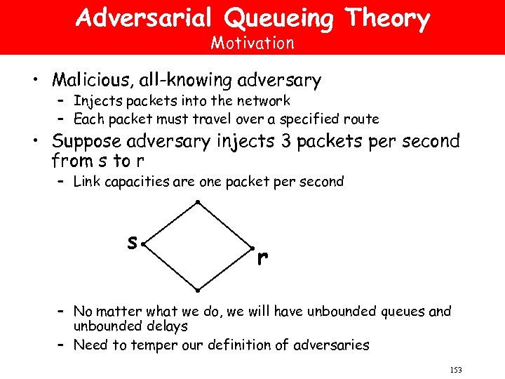 Adversarial Queueing Theory Motivation • Malicious, all-knowing adversary – Injects packets into the network