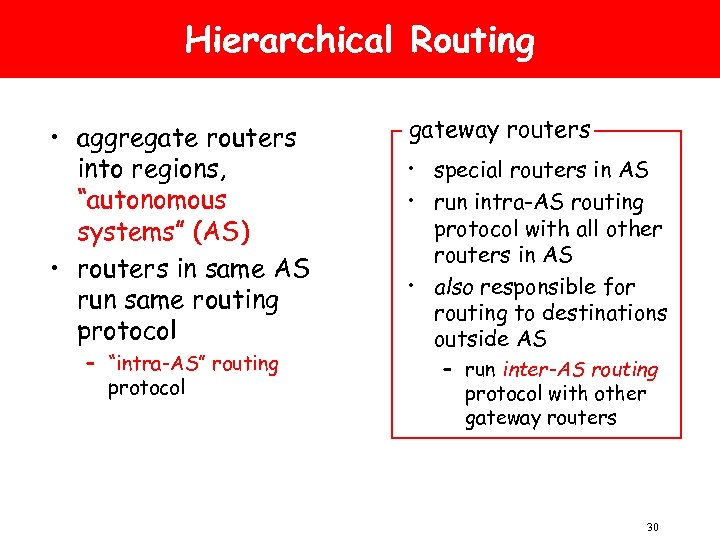Hierarchical Routing • aggregate routers into regions, “autonomous systems” (AS) • routers in same