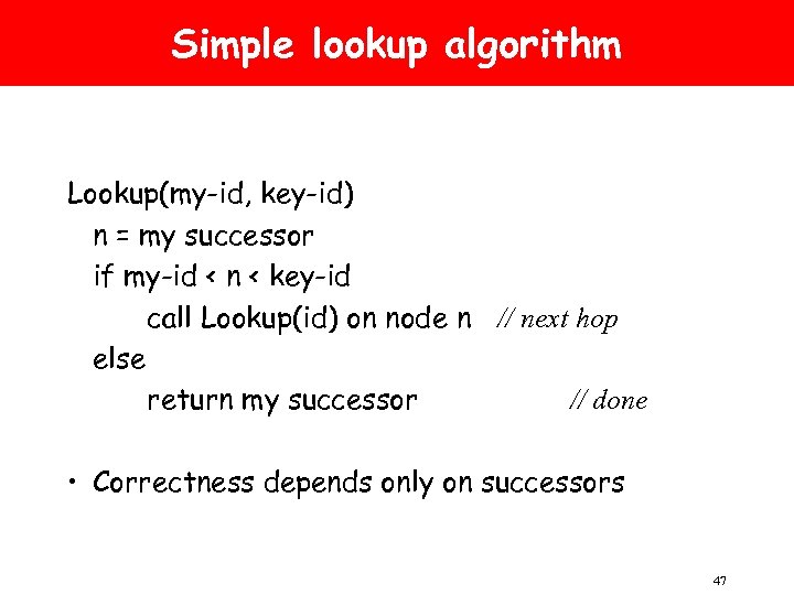 Simple lookup algorithm Lookup(my-id, key-id) n = my successor if my-id < n <