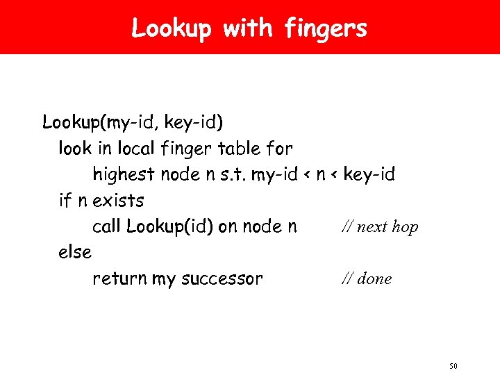 Lookup with fingers Lookup(my-id, key-id) look in local finger table for highest node n