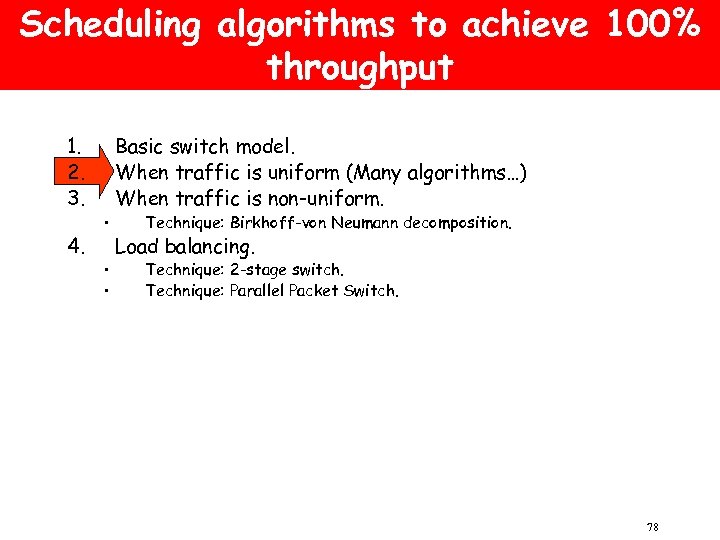 Scheduling algorithms to achieve 100% throughput 1. 2. 3. 4. • • • Basic