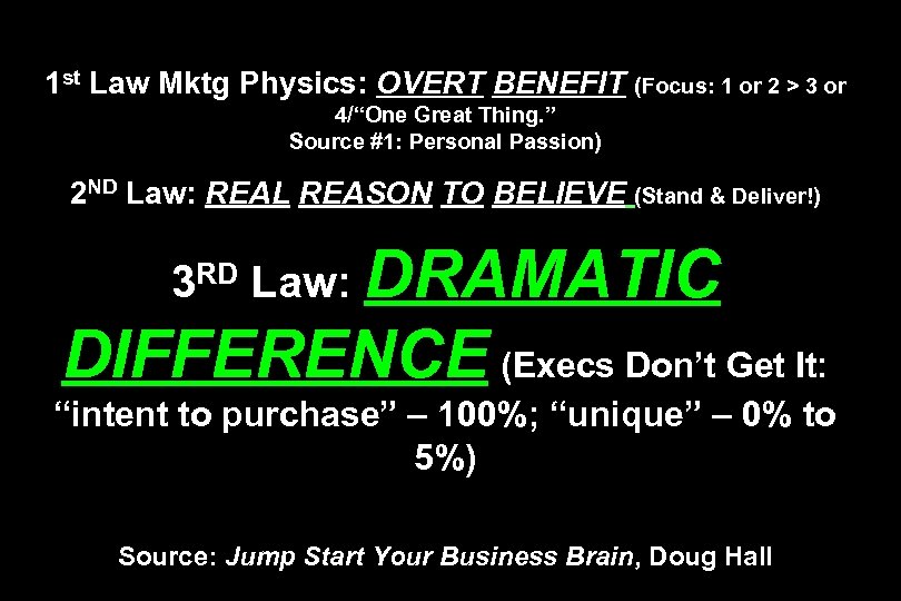 1 st Law Mktg Physics: OVERT BENEFIT (Focus: 1 or 2 > 3 or