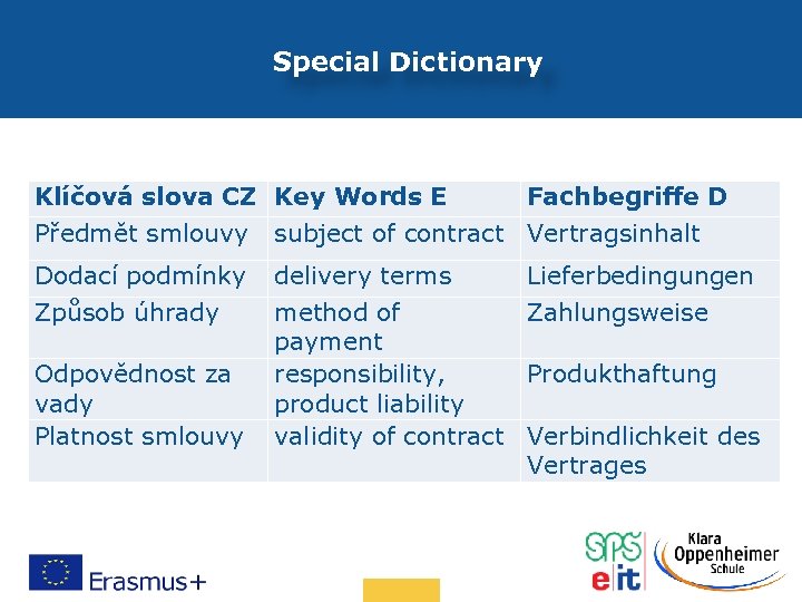 Special Dictionary Klíčová slova CZ Key Words E Fachbegriffe D Předmět smlouvy subject of