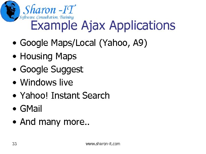 Example Ajax Applications • • 33 Google Maps/Local (Yahoo, A 9) Housing Maps Google
