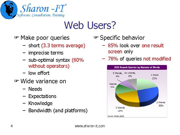 Web Users? F Make poor queries F Specific behavior – short (3. 3 terms