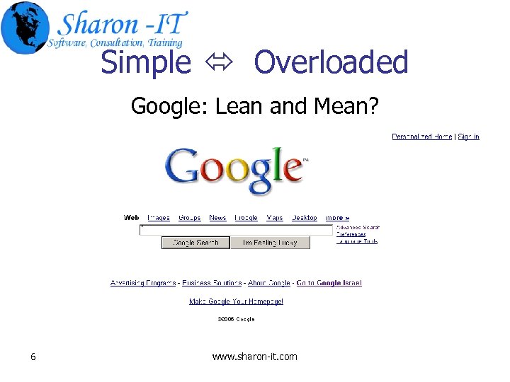 Simple Overloaded Google: Lean and Mean? 6 www. sharon-it. com 