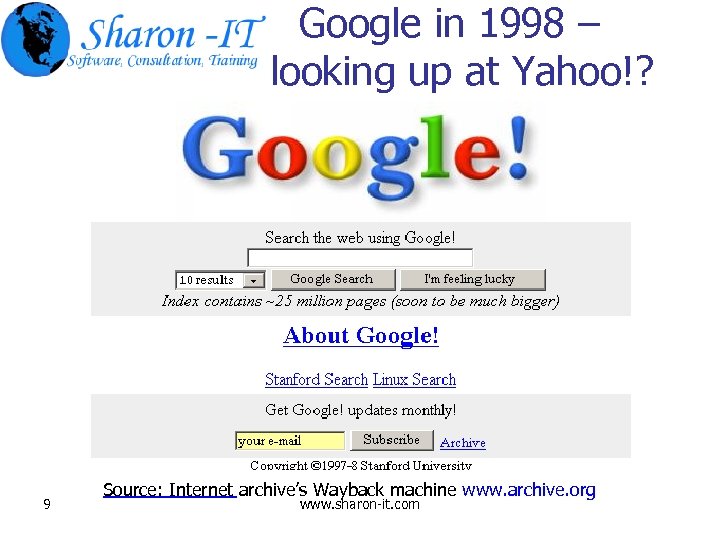 Google in 1998 – looking up at Yahoo!? 9 Source: Internet archive’s Wayback machine