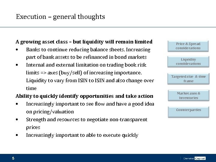 Execution – general thoughts A growing asset class – but liquidity will remain limited