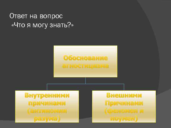 Ответ на вопрос «Что я могу знать? » Обоснование агностицизма Внутренними причинами (антиномии разума)