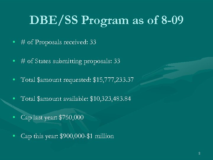 DBE/SS Program as of 8 -09 • # of Proposals received: 33 • #
