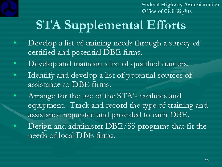 Federal Highway Administration Office of Civil Rights STA Supplemental Efforts • • • Develop