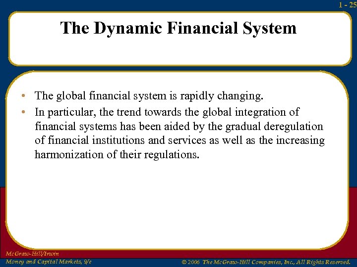 1 - 25 The Dynamic Financial System • The global financial system is rapidly