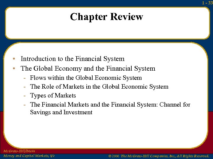 1 - 33 Chapter Review • Introduction to the Financial System • The Global