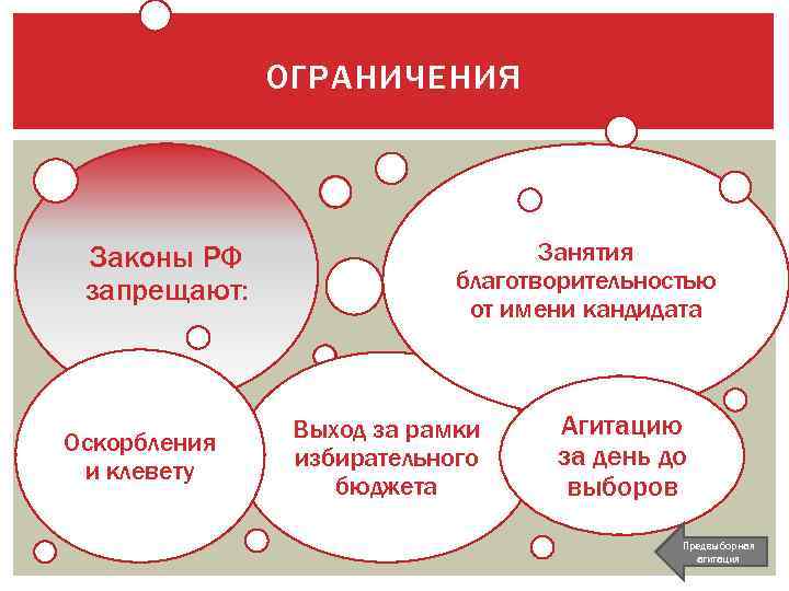 ОГРАНИЧЕНИЯ Законы РФ запрещают: Оскорбления и клевету Занятия благотворительностью от имени кандидата Выход за
