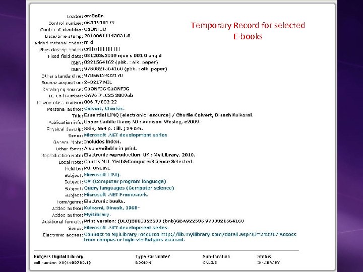 Temporary Record for selected E-books 