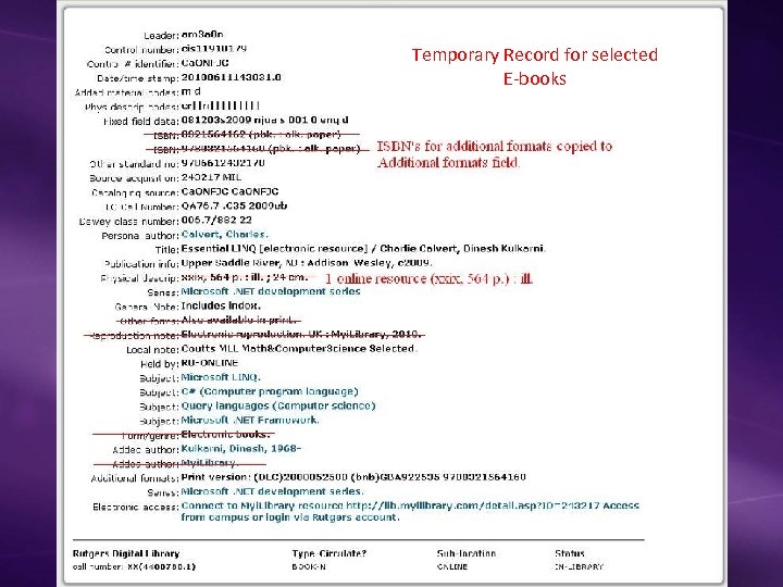 Temporary Record for selected E-books 