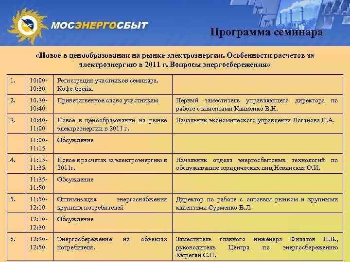 Программа семинара «Новое в ценообразовании на рынке электроэнергии. Особенности расчетов за электроэнергию в 2011