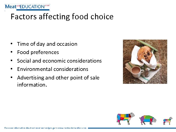 Factors affecting food choice • • • Time of day and occasion Food preferences
