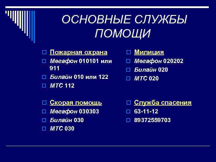 ОСНОВНЫЕ СЛУЖБЫ ПОМОЩИ o Пожарная охрана o Милиция o Мегафон 010101 или o Мегафон