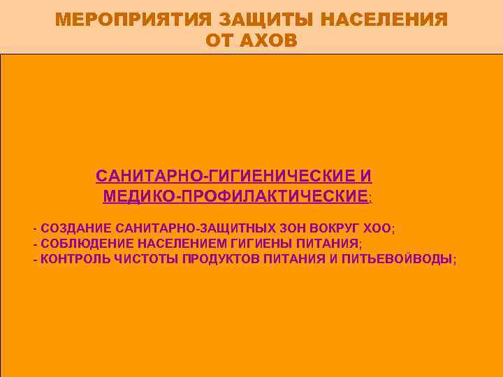 МЕРОПРИЯТИЯ ЗАЩИТЫ НАСЕЛЕНИЯ ОТ АХОВ ЗАЩИТА ОТ АХОВ – КОМПЛЕКС ОРГАНИЗАЦИОННЫХ, ИНЖЕНЕРНО-ТЕХНИЧЕСКИХ И ДРУГИХ