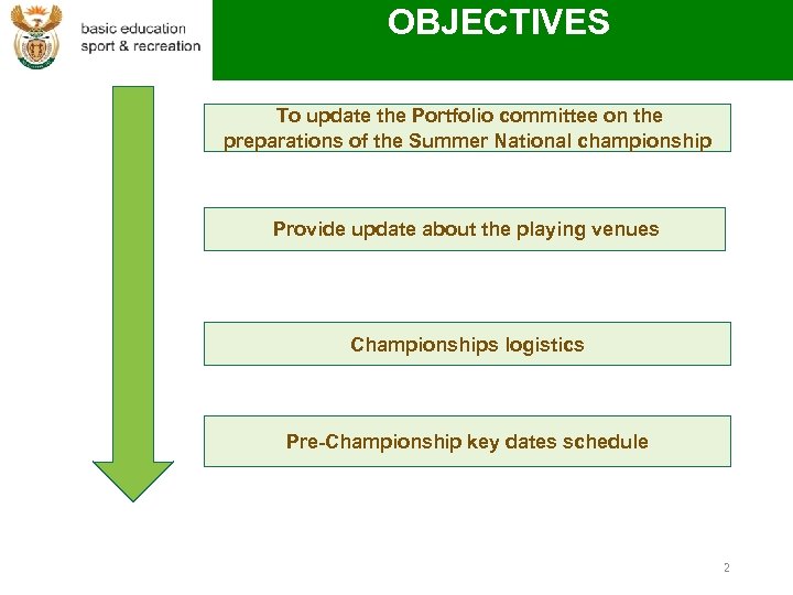 OBJECTIVES To update the Portfolio committee on the preparations of the Summer National championship