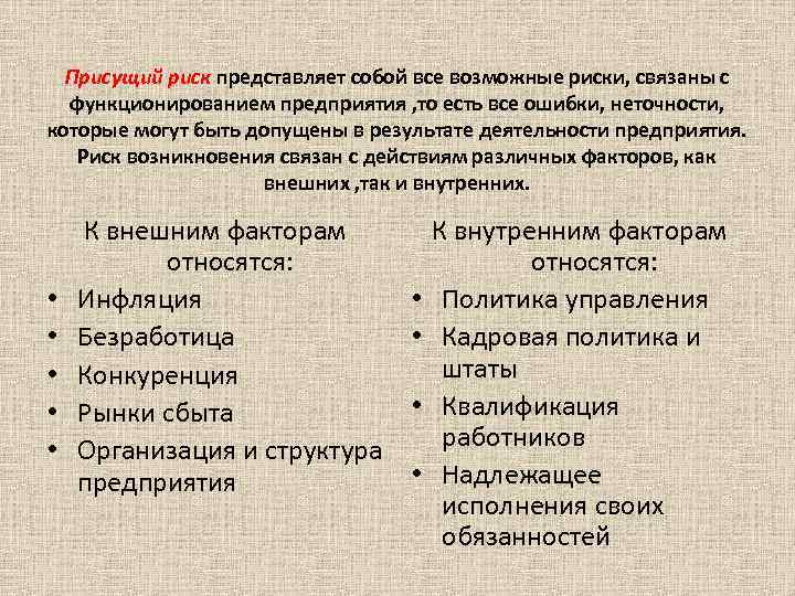 Присущий риск представляет собой все возможные риски, связаны с функционированием предприятия , то есть