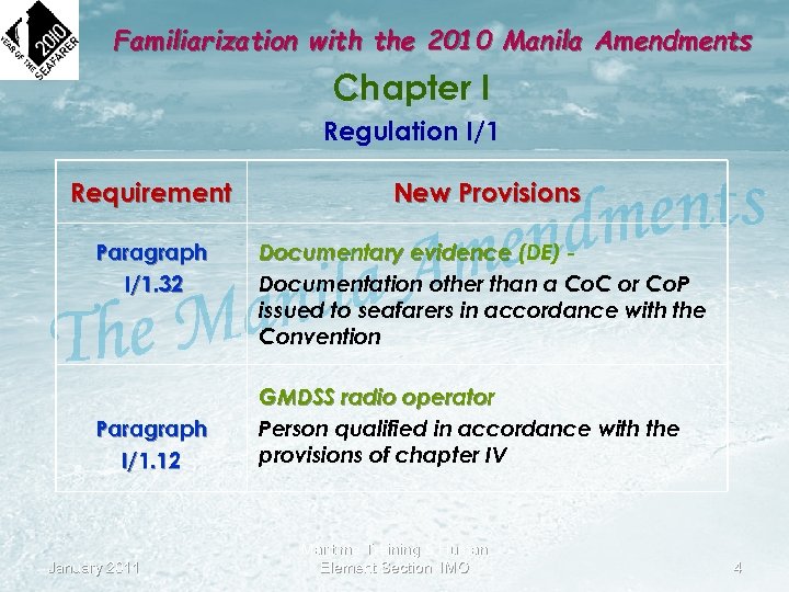 Familiarization with the 2010 Manila Amendments Chapter I Regulation I/1 Requirement New Provisions Paragraph