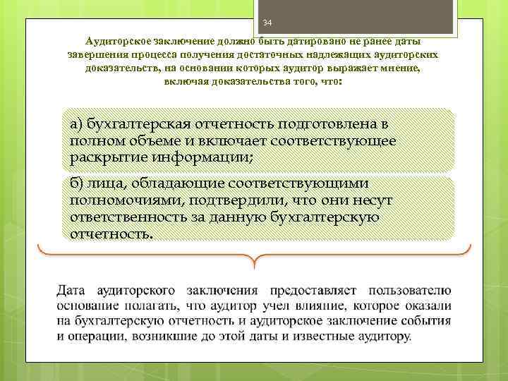 34 Аудиторское заключение должно быть датировано не ранее даты завершения процесса получения достаточных надлежащих