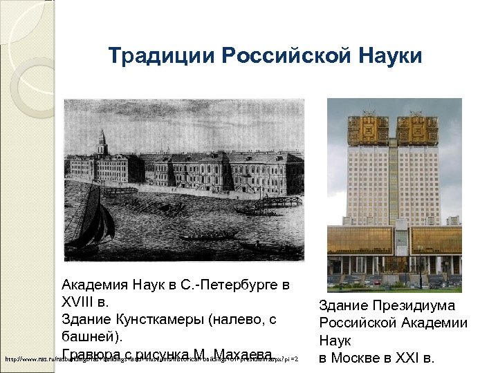 Традиции Российской Науки Академия Наук в С. -Петербурге в XVIII в. Здание Кунсткамеры (налево,