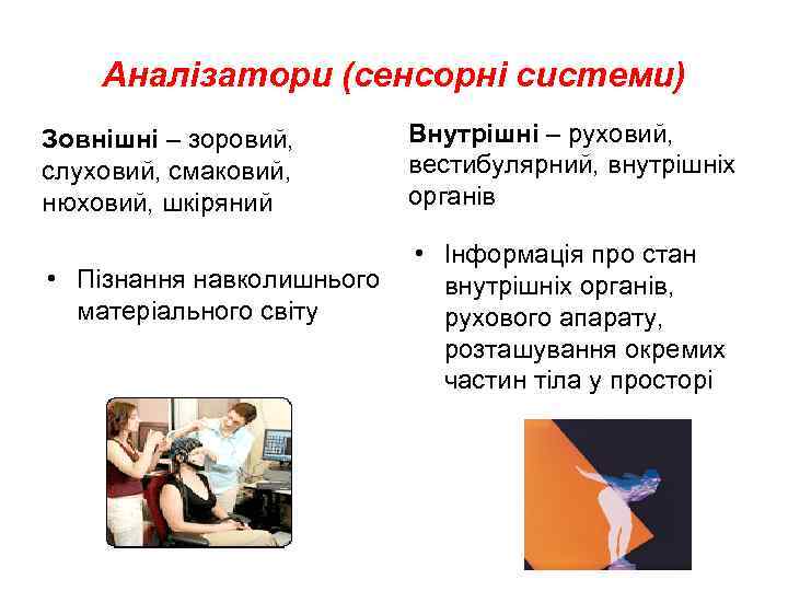 Аналізатори (сенсорні системи) Зовнішні – зоровий, слуховий, смаковий, нюховий, шкіряний • Пізнання навколишнього матеріального