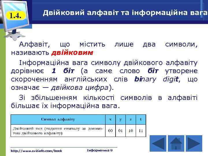 1. 4. Двійковий алфавіт та інформаційна вага Алфавіт, що містить лише два символи, називають