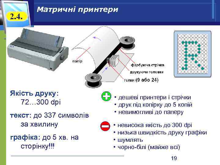 2. 4. Матричні принтери Якість друку: 72… 300 dpi текст: до 337 символів за